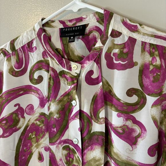 FoxCroft Fitted Long Sleeve Blouse Purple Green Paisley Button Up Top Si… - Picture 3 of 8